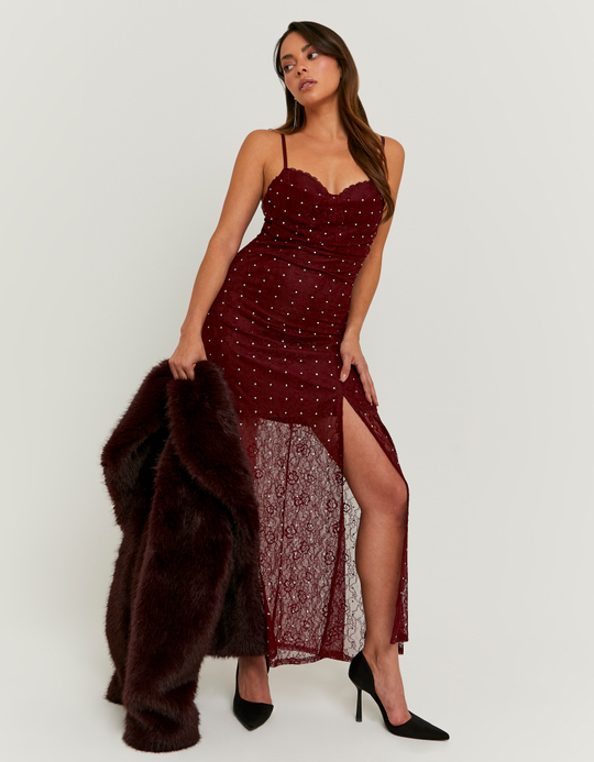 TALLY WEiJL, Long Burgundy Dress with Lace and Rhinestones for Women