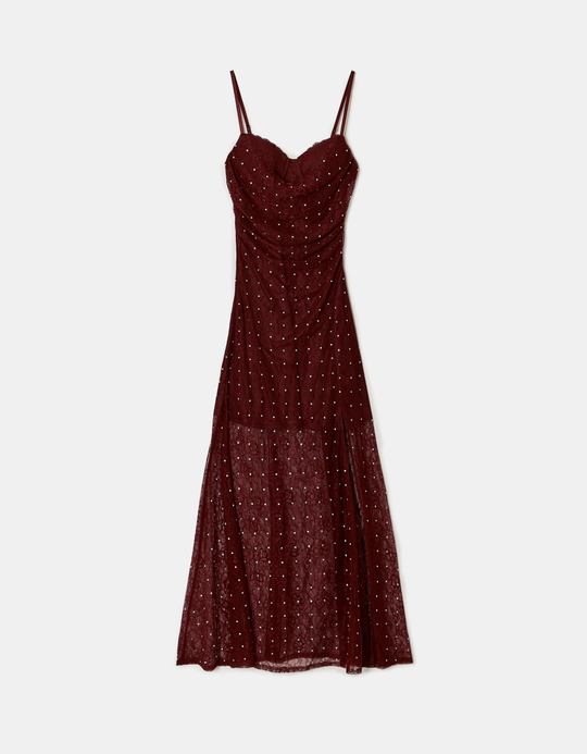 TALLY WEiJL, Long Burgundy Dress with Lace and Rhinestones for Women
