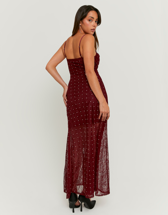 TALLY WEiJL, Long Burgundy Dress with Lace and Rhinestones for Women