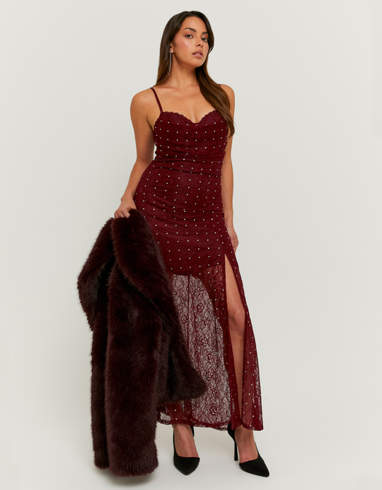 TALLY WEiJL, Long Burgundy Dress with Lace and Rhinestones for Women