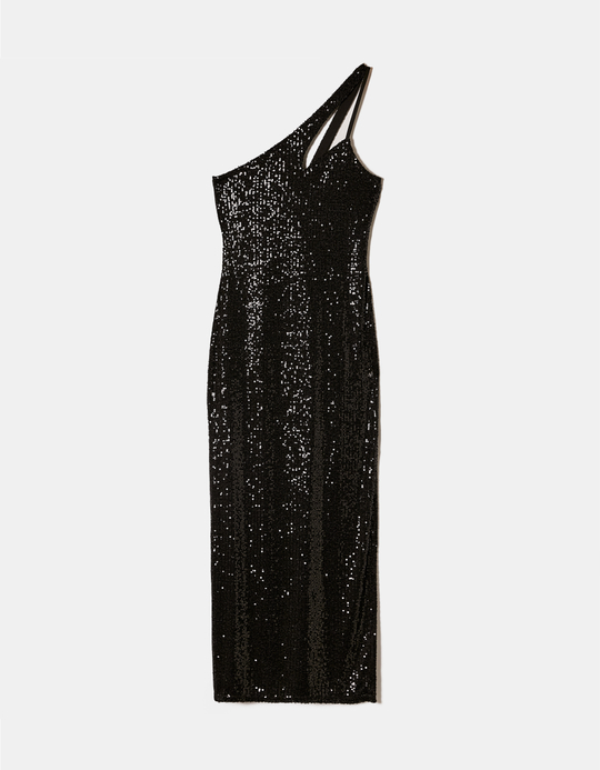 TALLY WEiJL, Black Sequined One Shoulder Maxi Dress for Women