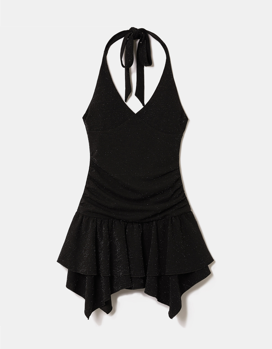 TALLY WEiJL, Black Shimmer Mini Dress with Halter Neck and Ruffles for Women