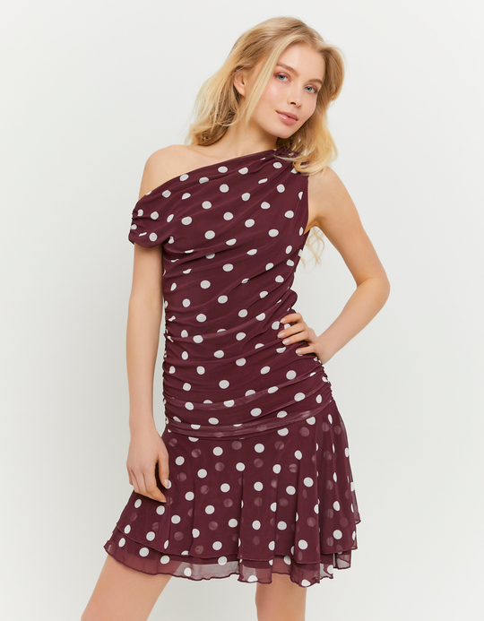 TALLY WEiJL, Burgundy Polka Dots Ruffles Mini Dress for Women
