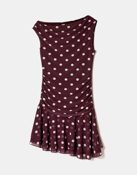 TALLY WEiJL, Burgundy Polka Dots Ruffles Mini Dress for Women
