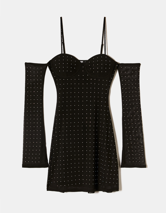 TALLY WEiJL, Robe Courte Noire Épaules Dénudées avec Strass for Women