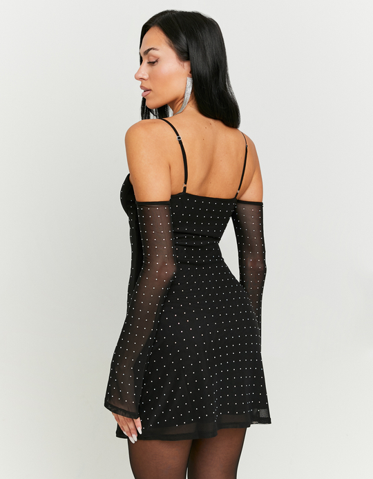 TALLY WEiJL, Robe Courte Noire Épaules Dénudées avec Strass for Women