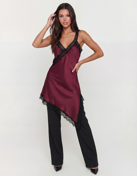 TALLY WEiJL, Burgundy Asymmetric Satin Dress with Lace Trims for Women