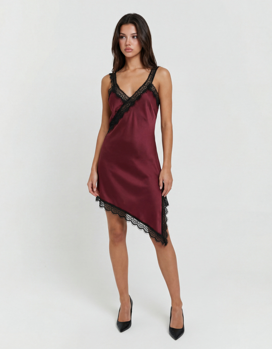 TALLY WEiJL, Burgunderrotes Asymmetrisches Satinkleid mit Spitzendetails for Women