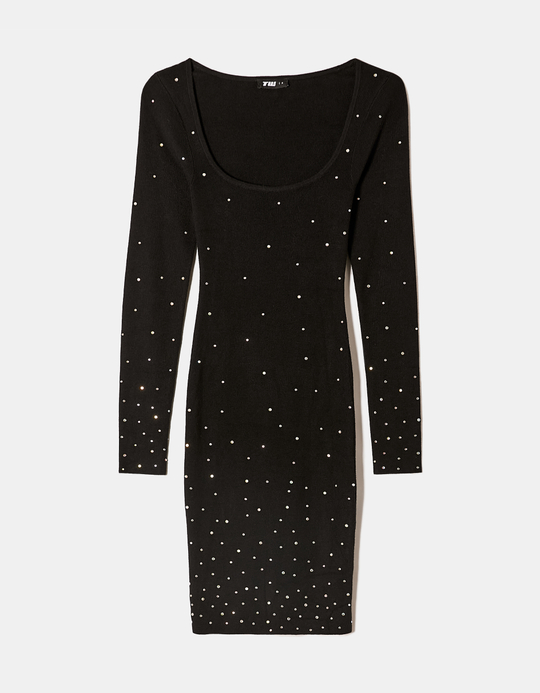 TALLY WEiJL, Black Knitted Mini Dress with Strass for Women