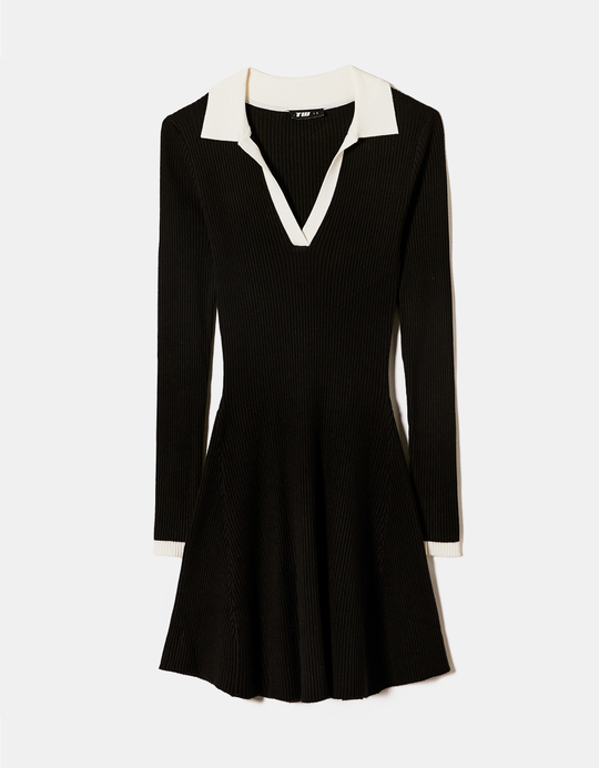 TALLY WEiJL, Robe Noire en Maille avec Col Polo Blanc for Women