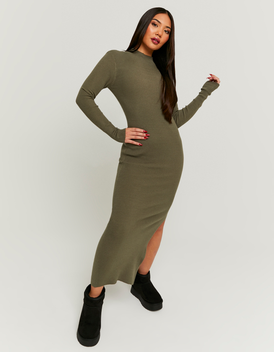 TALLY WEiJL, Khakifarbenes Strick-Maxikleid mit Schlitz for Women