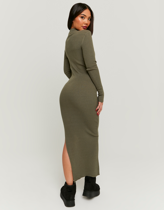 TALLY WEiJL, Khaki Maxi Knitted Dress with Slit for Women