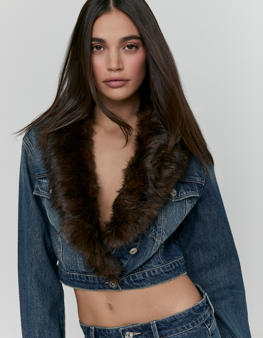 TALLY WEiJL, Giacca di Jeans Blu Corta con Pelliccia Sintetica for Women