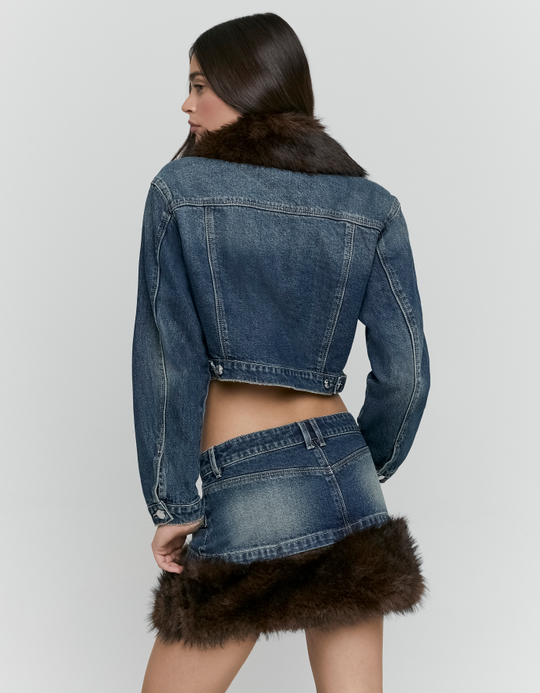TALLY WEiJL, Giacca di Jeans Blu Corta con Pelliccia Sintetica for Women