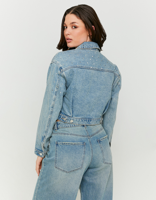 TALLY WEiJL, Blue Cropped Denim Jacket with Square Shape Strass for Women