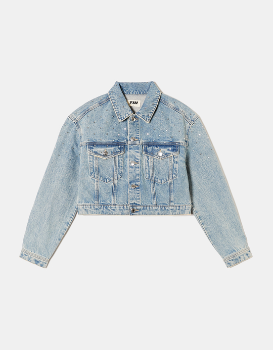 TALLY WEiJL, Blue Cropped Denim Jacket with Square Shape Strass for Women