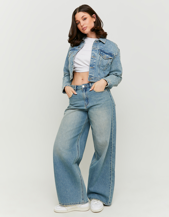 TALLY WEiJL, Blue Cropped Denim Jacket with Square Shape Strass for Women