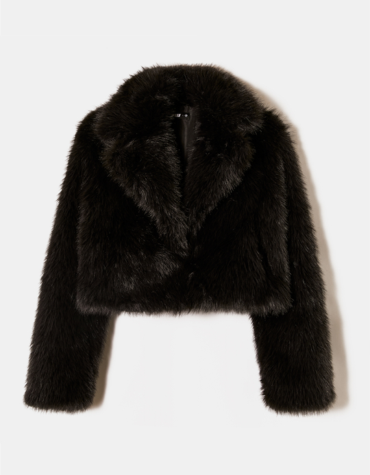 TALLY WEiJL, Black Cropped Fluffy Faux Fur Jacket for Women