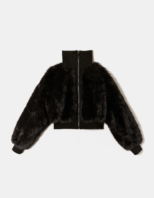 TALLY WEiJL, Black Fake Fur Jacket with Zip for Women