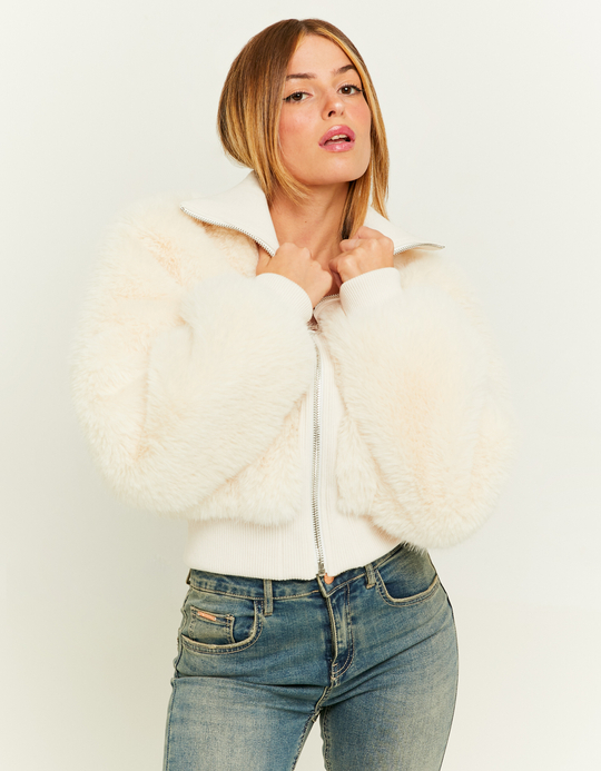 TALLY WEiJL, Giacca in Pelliccia Sintetica Bianca con Chiusura Zip for Women
