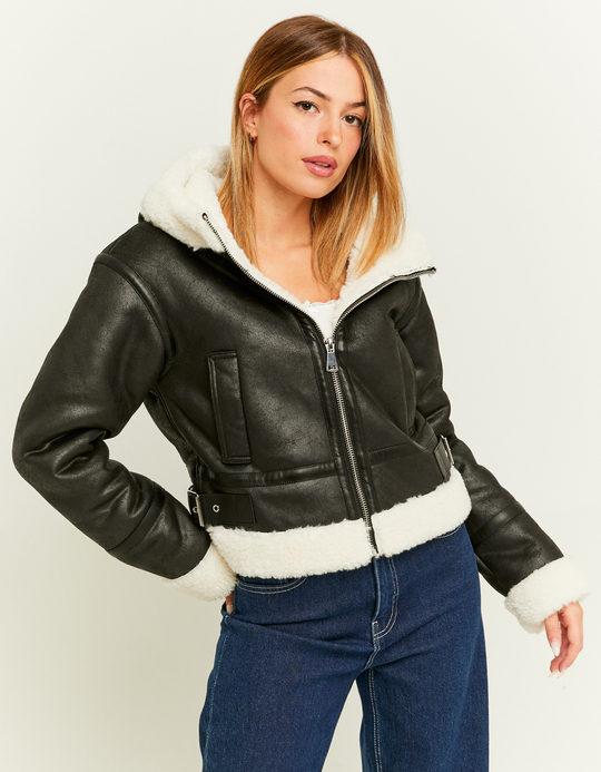 TALLY WEiJL, Black Aviator Shearling Jacket for Women