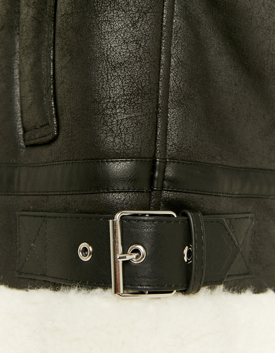 TALLY WEiJL, Black Aviator Shearling Jacket for Women