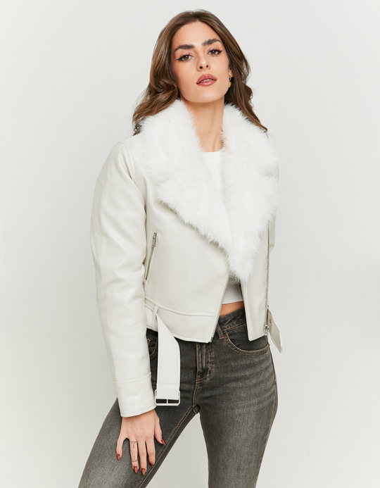 TALLY WEiJL, Weiße Bikerjacke mit Kunstpelz for Women