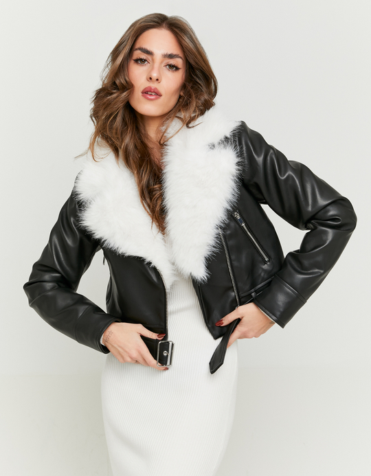 TALLY WEiJL, Giacca Biker Nera con Finta Pelliccia for Women