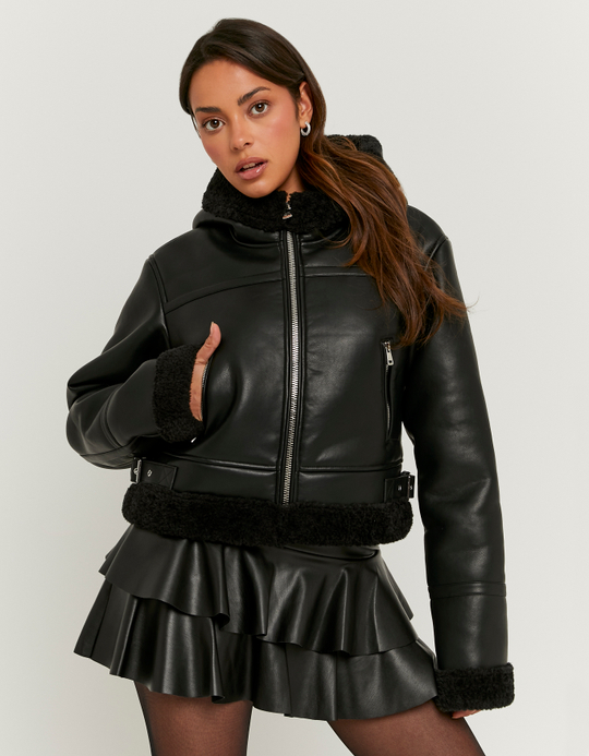 TALLY WEiJL, Black Faux Leather Jackt with Faux Fur for Women