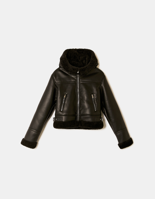 TALLY WEiJL, Black Faux Leather Jackt with Faux Fur for Women