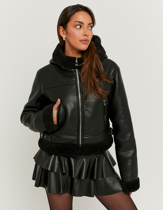 TALLY WEiJL, Black Faux Leather Jackt with Faux Fur for Women
