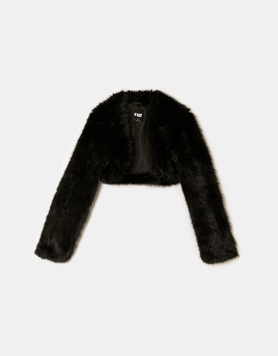 TALLY WEiJL, Black Cropped Faux Fur Jacket for Women