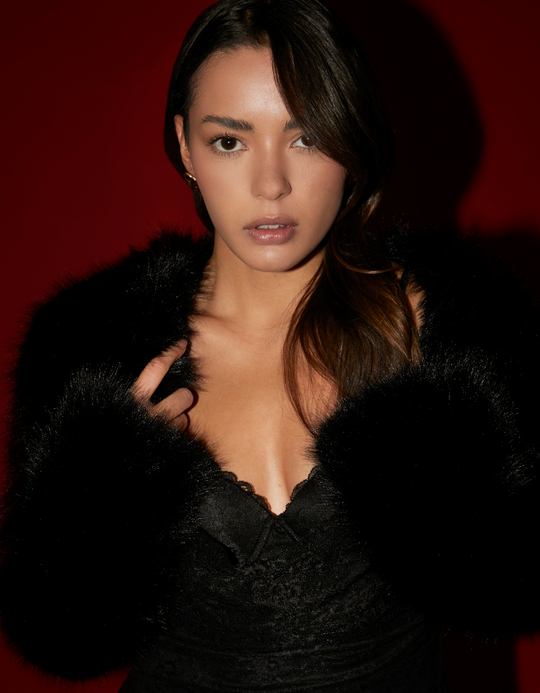 TALLY WEiJL, Black Cropped Faux Fur Jacket for Women