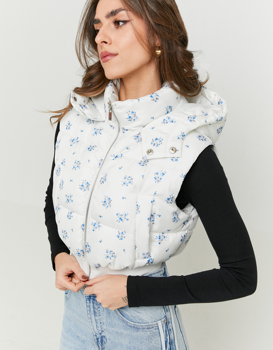 TALLY WEiJL, Piumino Gilet Smanicato Bianco con Stampa Micro Fiori for Women