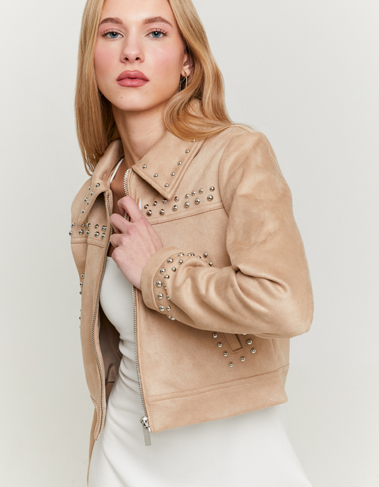 TALLY WEiJL, Beige Suede Bomber Jacket with Studs for Women