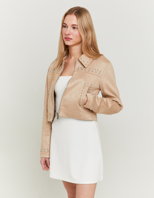 TALLY WEiJL, Beige Suede Bomber Jacket with Studs for Women