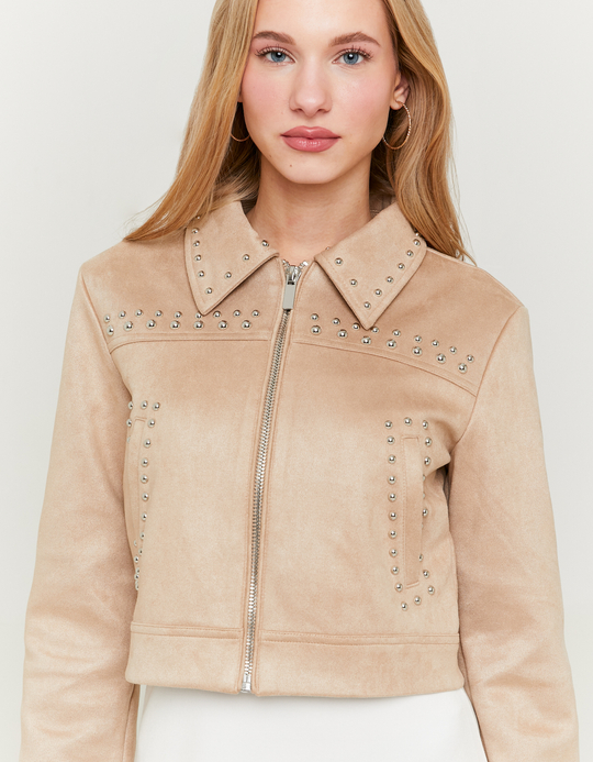 TALLY WEiJL, Beige Suede Bomber Jacket with Studs for Women