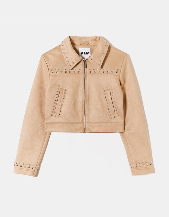 TALLY WEiJL, Beige Suede Bomber Jacket with Studs for Women
