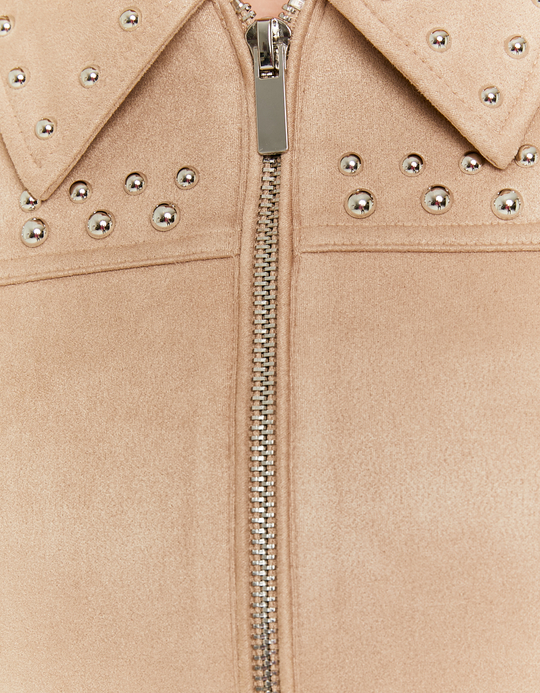 TALLY WEiJL, Beige Suede Bomber Jacket with Studs for Women