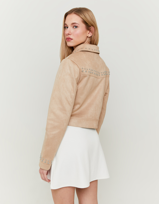 TALLY WEiJL, Beige Suede Bomber Jacket with Studs for Women