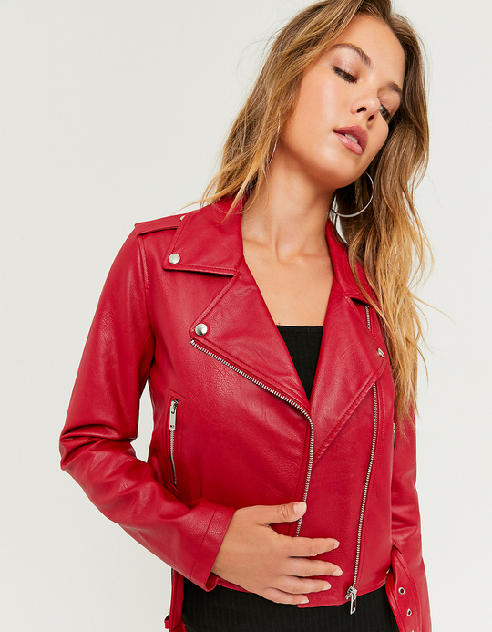 TALLY WEiJL, Red Faux Leather Biker Jacket for Women