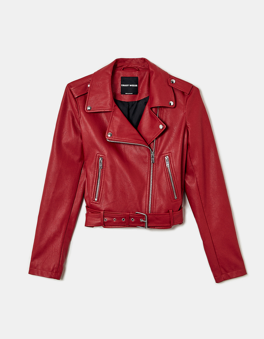 TALLY WEiJL, Red Faux Leather Biker Jacket for Women