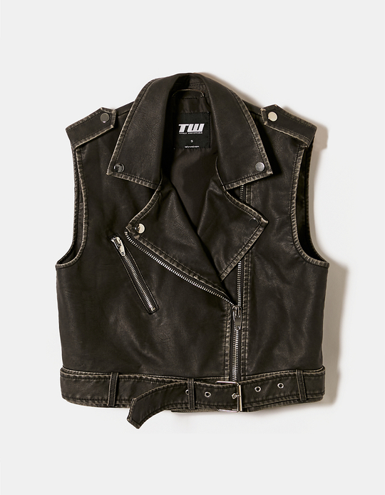 TALLY WEiJL, Μπουφάν Αμάνικο Biker Faux Leather Μαύρο for Women