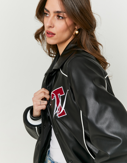 TALLY WEiJL, Giacca Varsity Oversize Nera in Finta Pelle for Women