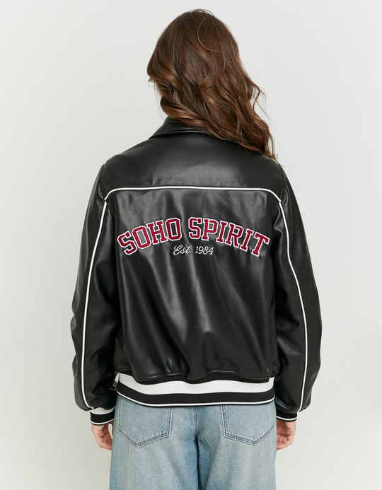 TALLY WEiJL, Black Faux Leather Oversize Varsity Jacket for Women