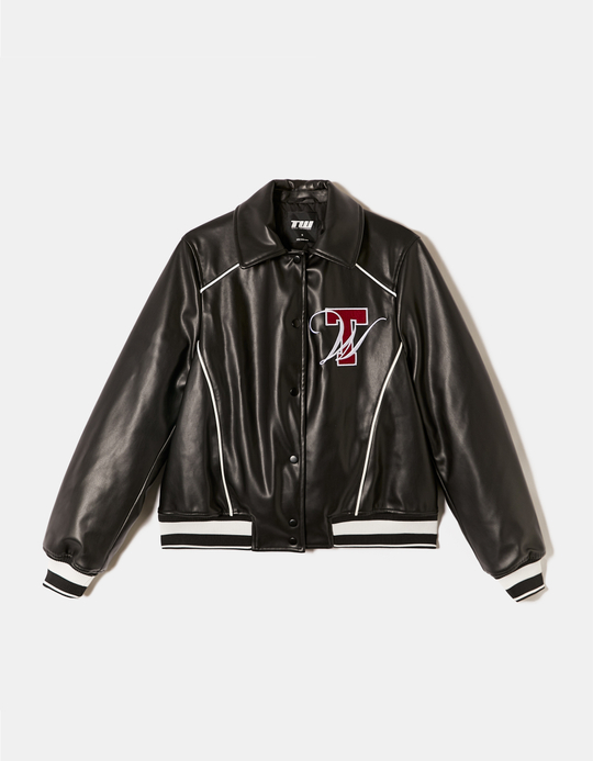 TALLY WEiJL, Black Faux Leather Oversize Varsity Jacket for Women