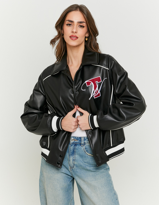 TALLY WEiJL, Black Faux Leather Oversize Varsity Jacket for Women