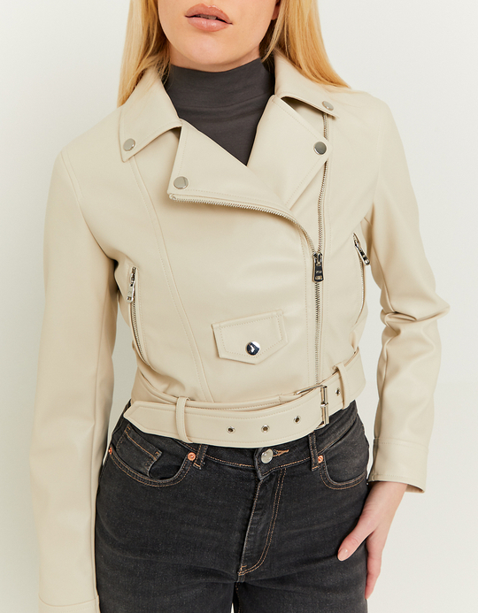 TALLY WEiJL, Beige Faux Leather Biker Jacket for Women