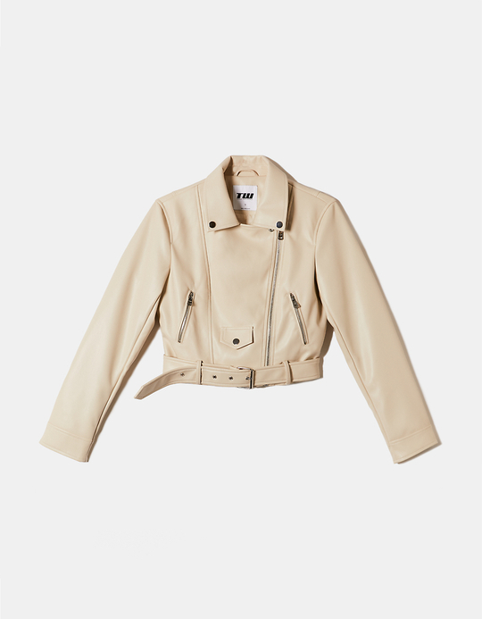 TALLY WEiJL, Beige Faux Leather Biker Jacket for Women