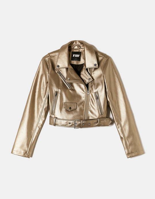 TALLY WEiJL, Golden Faux Leather Biker Jacket for Women